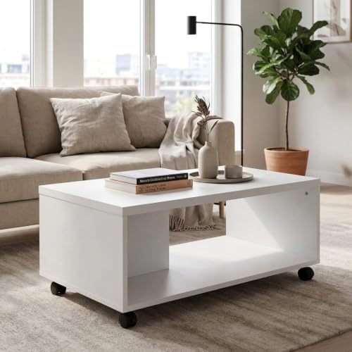 Image of Nilkamal Myra Wooden Center Table | Coffee Table with 1 Surface Top and 1 Shelf | Engineered Wood | Tea Table for Home, Living Room, Office | White | DIY(Do It Yourself)
