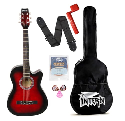 Image of Intern Right hand Acoustic Guitar Kit, With Bag, Strings, Pick, Strap and String Winder (38 inch Red, 38)