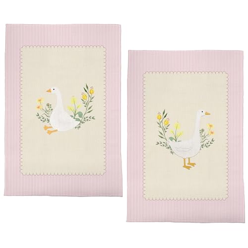 Image of Vintage Goose Kitchen Towels Set of 2, Pink Floral Goose Decorative Hand Towels for Kids Bathroom, Cottagecore Botanical Farm Animal Dish Tea Towels for Kitchen, 16x24 Inches