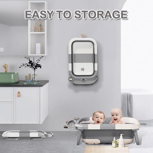 Image of Collapsible Baby Bathtub for Newborn with Real-time Temp Monitor + Soft Floating Cushion Durable Foldable Baby Tubs for Infants to Toddler, Portable Travel Bathtub with Drain Hole Grey