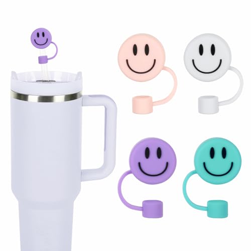 Whaline 4Pcs Smile Face Straw Cover Cap Pink Purple Mint Green Silicone Drinking Straw Topper 10mm 30&40 Oz Reusable Straws Covers Double Sided Tumbler Cup Accessories for Party Favor, 4 Colors