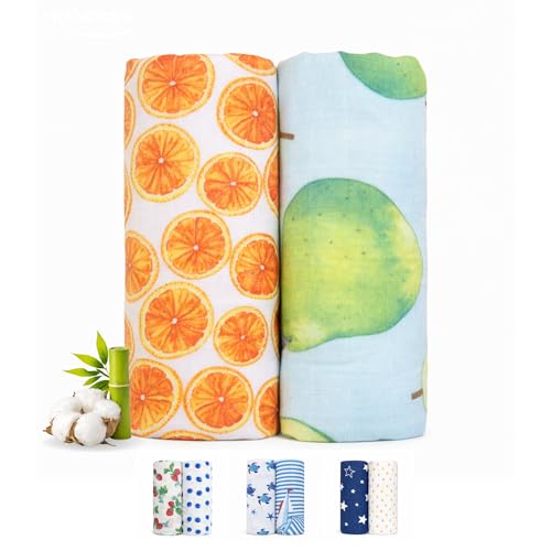 Yunova Bamboo Muslin Swaddle Blankets for Newborn 70% Bamboo Cooling Lightweight Summer Baby Blanket Oversized 47x47 Breathable Receiving Blankets 2 Pack Citrus Garden