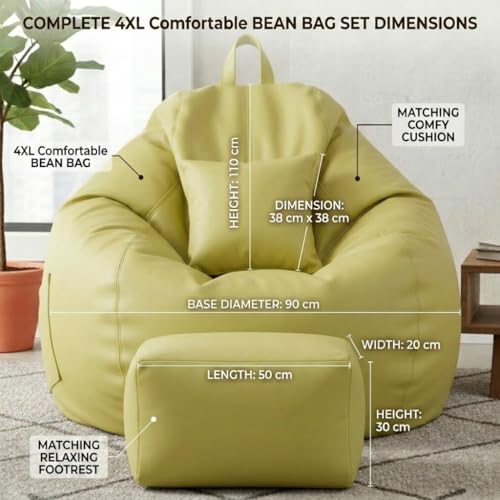 Image of KAM'S LIEU 5XL Luxury Faux Leather Bean Bag with Footrest & Cushion | Pre-Filled High-Density Polystyrene Beans | Premium Leatherette | 6 Months Warranty Color- (Olive Green, Without Footrest)