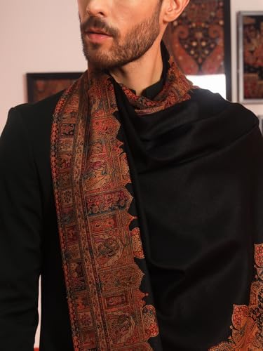 Image of Pashmoda Men Arcadia Borders Jamawar Shawl, Stole and Wrap, Sustainable and Natural Fabric, Heritage Kashmiri Pashmina, Medium Size for Gents, (Size 40x80 Inches)