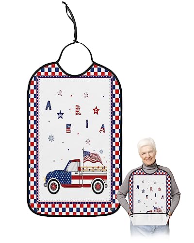 4th of July Adult Bibs for Eating, Waterproof Bibs with Food Catcher & Adjustable Snap Closure, Independence Day Red Blue Plaid Truck Washable Clothing Protectors Adult Bibs for Elderly Women/Men