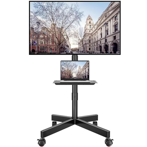BONTEC TV Ständer Rollbar für 24-60 Zoll LCD LED OLED, Max. VESA 400x400mm, bis 40 kg, Neigbar und Höhenverstellbarer Fernsehständer mit Rollen und Medienablage, Schwarz