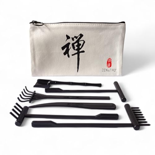 ZEN&TAO Set di sei attrezzi da giardino zen in miniatura giapponese, design elegante, facile da pulire, senza muffa, robusto e funzionale, perfetto per mini giardino zen fai da te (nero (con
