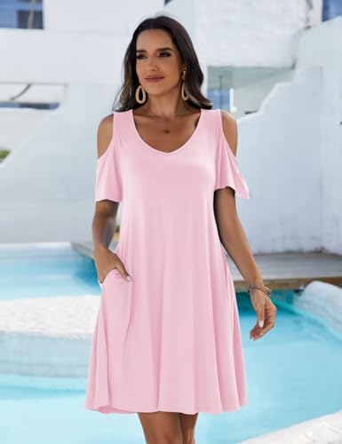 Image of JollieLovin Womens Plus Size Short Sleeve Cold Shoulder V Neck T-Shirt Dress with Pockets