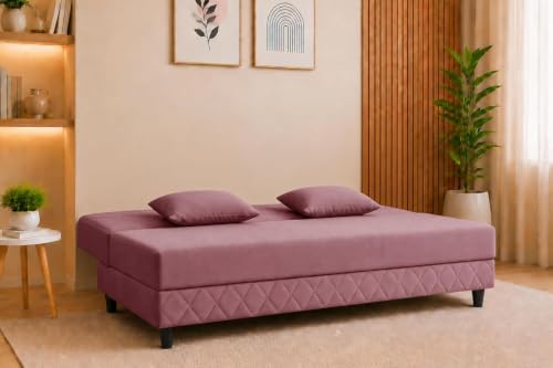 Image of Deco Studio 3 Seater Sofa Bed | Premium Upholstered Velvet Fabric Folding Couch for Living Room, Guest Room & Bedroom | Quilted Backrest with 2 Cushions (Rose-Pink)