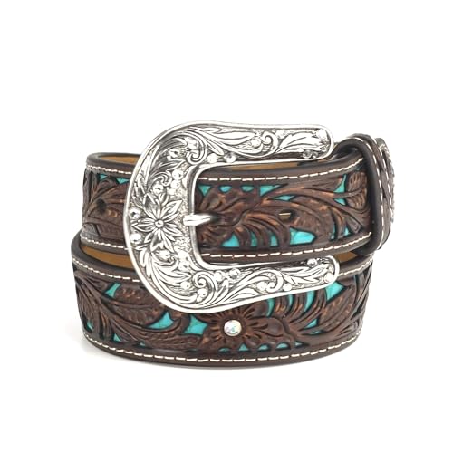 ARIAT Girls' Floral Overlay Belt with Bright Blue Underlay and Rhinestone Accents2