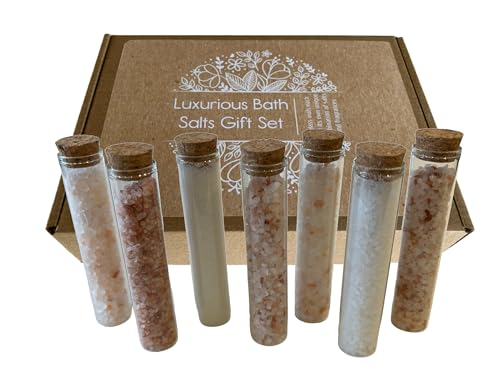 Lujoso juego de regalo de sales de baño que incluye 7 viales de vidrio cada uno con su propia fragancia y combinación de sales. Incluye sales del Mar Muerto, del Himalaya y Epsom