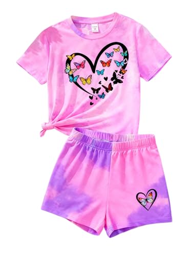 Image of 7-14Y Tween Girl Clothes 2 Piece Short Sleeve Tie Dye Heart Print Top and Shorts Teen Girl Summer Outfits Short Set