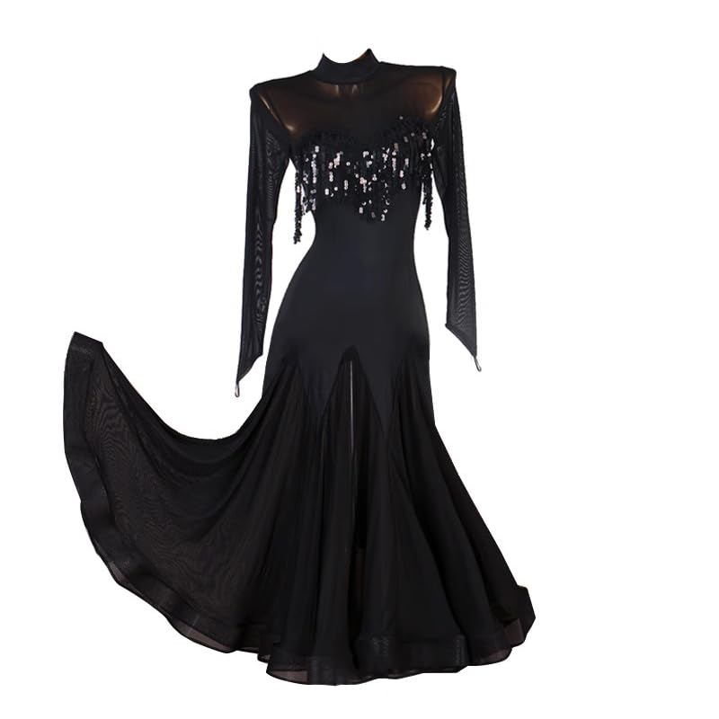 Yhsgscr Ballsaalkleid Mit Hohem Kragen Für Damen Flamenco Rock Mit Pailletten Und Quaste Nationalstandard Tanzkleidung Aus Netzstoff Foxtrott...