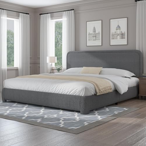 Image of BarnFurin Cloud King Size Bed Frame with Boucle Upholstered Headboard, Platform Bed Frame, Soft Rounded Corners, No Box Spring Required, Easy Assembly,Grey