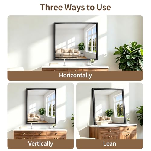 Image of Bathroom Mirror, 36 x 30 inch Brushed Black Rectangle Mirror, 0.6 inch Thickened Deep Metal Frame Rectangular Vanity Mirror for Over Sinks, Tempered Glass, Antirust, Horizontally or Vertically