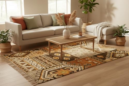 Image of Iryaa Homes Cotton Carpet With Hand Tufting And Hand Embroidery| Soft, Durable And Stylish Area Rug| Printed Rug for Living Room, Bedroom | Handmade with100% Cotton- Brown and grey(4 Feet x 6 Feet)