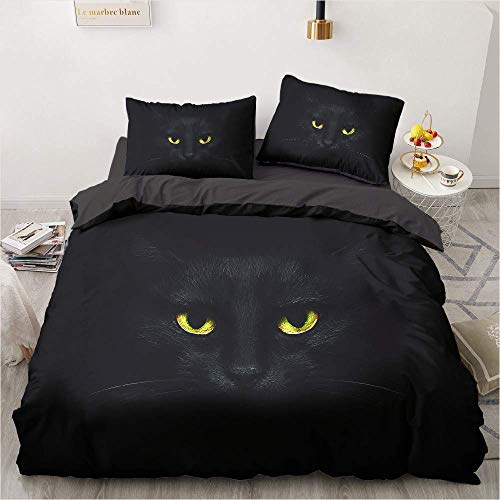 Set Housse de Couette 240x260cm Chat Parure de Lit 2 Personnes Chat Animal Noir 3 Pièces Parure De Lit avec 2 Taies d'oreiller 65x65cm, Fille Garcon...