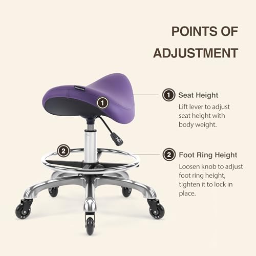 Image of Haku 506 Series Ergonomic Saddle Stool, Adjustable Pneumatic Swivel Rolling Stool with Wheels for Salon, Medical, Spa, Tattoo, Home and Office, English Violet
