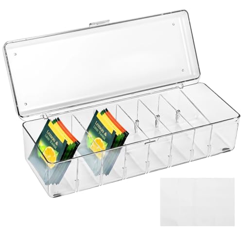 8-Slot Tea Bag Holder with Lid, Clear Beverage Storage Container with Zip Ties and Labels for Office Or Pantry