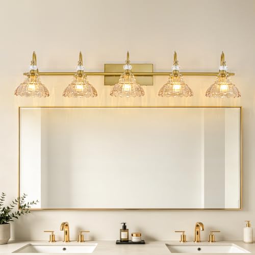 Image of Vintage Bathroom Vanity Light, 5-Light Brushed Gold Finish Wall Sconce with Hanging Crystal Accents and Flower-Shaped Amber Glass Shades, Retro Wall Mount Vanity Light Over Mirror for Bathroom