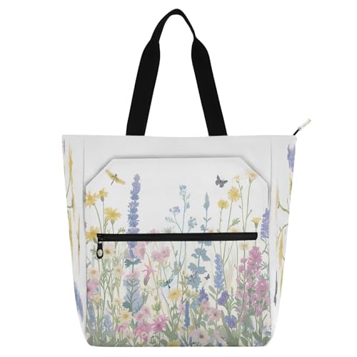 Flowers Book Tote Bag,Large Capacity Handbag with Zipper Perfect for School,Travel,Shopping