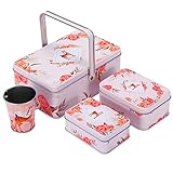 Set of 3 Rectangular Decorative Storage Box and 1 Mini Metal bucket with Handle, Deer Printed Nesting Tins with Lids, Empty Metal Boxes, Tin Can Containers Great for Home Decoration, Party Favors