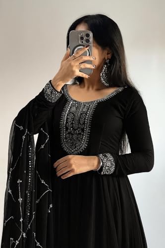Image of Women Omkar Textile's Georgette Anarkali Gown with Dupatta Set, Embroidered, Wedding, Floor Length