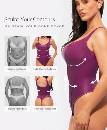 Image of Popilush Faux Leather Shapewear Bodysuit Lace Corset Body Suits for Womens | Tummy Control Shapewear,Thong Body Shaper,Compression Bodysuit Women,Corset Tops for Country Concert,Going Out Summer Outfit