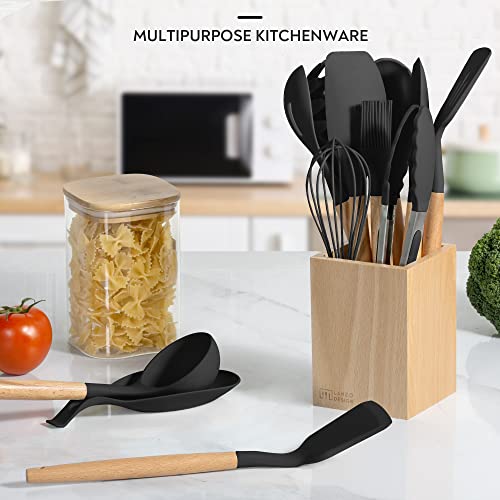 Lanzo Design Kitchen Utensil Set, 13 Pcs Non-Stick Silicone Cooking Utensils Spatula Set With Wooden Holder (Black) #TOP1