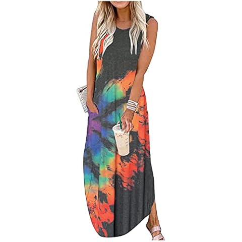 Rainbow Graphics Summer Dress Womens Sleeveless Pocket Maxi Dress Summer Hawaiian Beach Tank Dress Plain Shirt Dress(XL, Tie Dye Grey) Cover