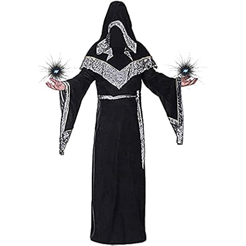 Mystic Sorcerer Robe Halloween Cosplay Costumes for Men, Adult Medieval Retro Uniform Vintage Renaissance Clothes with Hooded Cape, Male Priest Outfit Wizard Cloak Monk Robes (Black, XL) Cover