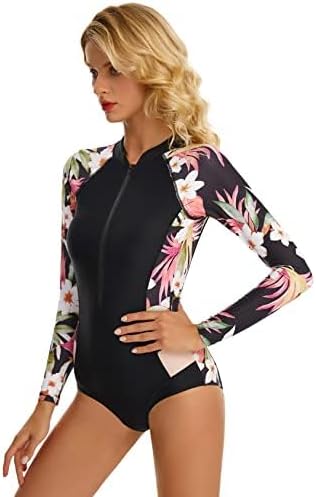 Women's Long Sleeve Rash Guard UV Protection Swimsuit Zipper Floral Printed Surfing One Piece Bathing Suit Swimwear