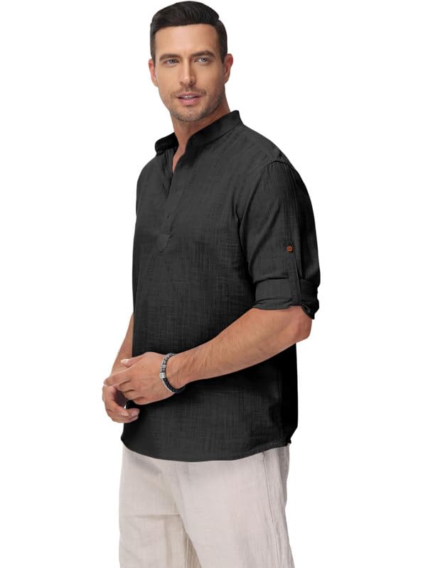 Image of Macsivo Men's Cotton Blend Solid Short Kurta with Regular Lenth Mandarin Collar Short Button Placket Rolled up and Full Sleeves Kurta for Men