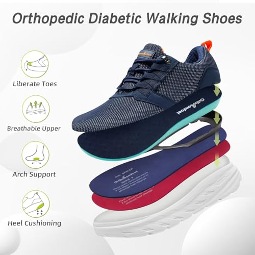 Image of Men's Orthopedic Diabetic Wide Walking Shoes: Comfortable Plantar Fasciitis Fashion Sneakers with Arch Support, Casual Hammer Toes Swollen Tennis Work Sports Shoes for Heel and Foot Pain Relief