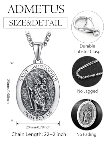 ADMETUS 925 Sterling Silver Patron Saint Necklace | Amulet Necklace Cross Jewelry for Men with 2.5mm 22"+2" Rolo Chain2