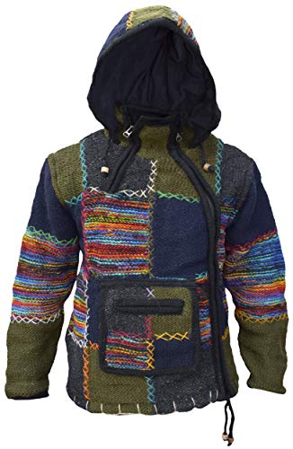 Gheri Men's Woolen Patch Kangaroo Pouch Fleece Lined Hand Knitted Winter Jacket Hoodie