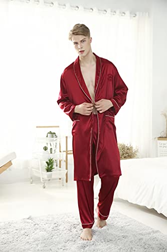 Zuevi Men's Kimono Robe Set Silk Satin Bathrobe With Pajamas Shorts Lightweight Long Sleeve Sleepwear(&Red&-M) #TOP1