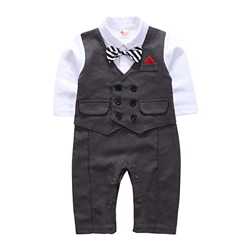 MetCuento Baby Boy Gentleman Outfit Long Sleeve Romper Jumpsuit Bow Tie Tuxedo Vest Birthday Party Wedding Outfit Formal Dress Suit Grey 6-12 Months