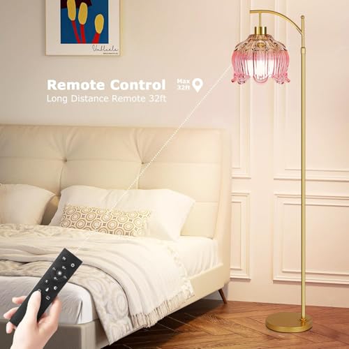 Image of QIYIZM Pink Floor Lamp for Living Room,Bedroom,Glass Gold Dimmable Standing Lamp with Remote,Mid Century Modern Brass Tall Lamp Boho Floor Lamps Arc Stained Tulip Flower Floor Light Lamp Bohemian