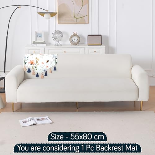 Image of HOKIPO Premium Sofa Backrest Cover Mat | Printed Holland Velvet with Tassels | 'Whispers of Nature' Pastel Butterfly Meadow (IN-1116-D2)