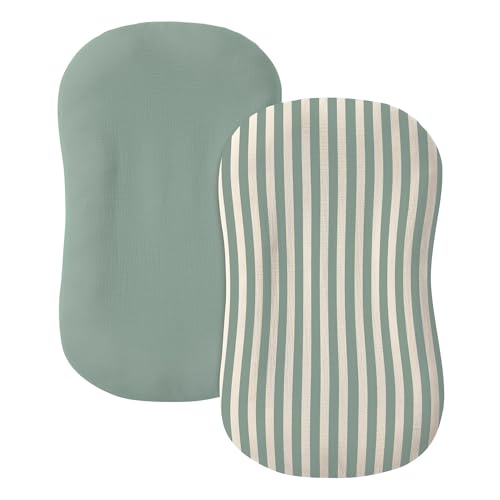 Image of guruixu Muslin Baby Lounger Cover 2 Pack, 100% Cotton Infant Lounger Cover, Soft & Breathable Replacement Slipcover, Compatible with Snuggle Me Newborn Lounger (Roman Green,Green Stripe)