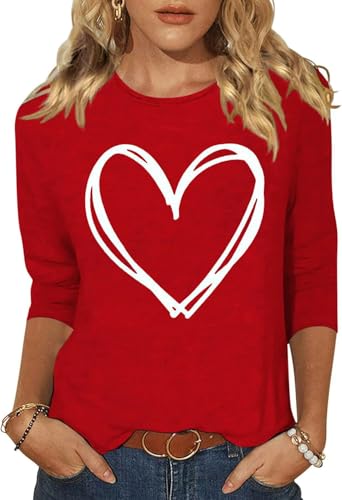 Image of Women's Valentine 3 /4 Sleeve Round Neck Shirt Funny Love Heart Graphic Tee Casual Couple Top Blouse