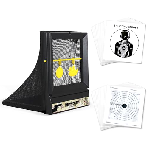 ATFLBOX Softair Ziel Kugelfang mit Pendelziel 17x17cm- BB Gun Zielfalle & Schießscheibe für Luftgewehr - Inkl. 50 Papier-Zielscheiben
