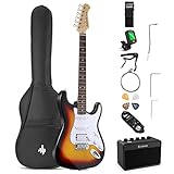 Donner Kit de Guitarra Eléctrica Stratocaster de Tamaño Completo con amplificador, bolsa, capo, correa, cuerda, sintonizador, cable y púas (Sunburst)