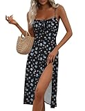 Bonkwa Women Summer Floral Midi Dresses Sleeveless Ruched Bust High Waist Casual Dress Sundress Long Dresses Slit Cami Dress