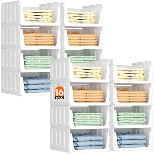 Image of Lifewit 16 Pack Stackable Closet Organizers and Storage Basket for Clothes, Plastic Sweater Storage Bins for Wardrobe, Stacking Clothing Containers for RV, Pantry, Shelf, Kitchen, Dorm, 14 inch Depth
