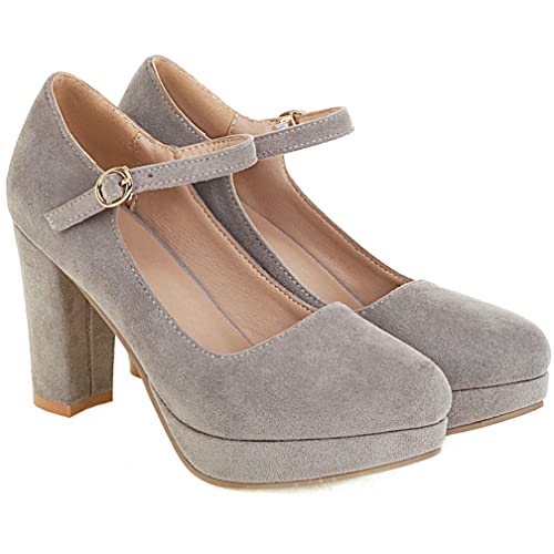 KISSASA Womens Faux Suede High Heel Mary Janes Chunky Round Toe Platform Ankle Strap Pumps Office Work Dress Shoes3