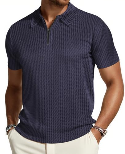 Ecosunny Men's Polo Shirts Short Sleeve Zipper Textured Knit Casual Polos T-Shirt Regular Fit Vacation Golf Shirt4