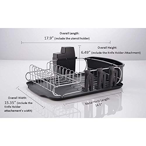 Loclgpm Rust-Proof Kitchen Draining Dish Drying Rack, Dish Rack with Black Drain Board, 3 Independent Cup Holder Accessories, 1 Wide Tableware Rack and Knife Holder Accessory