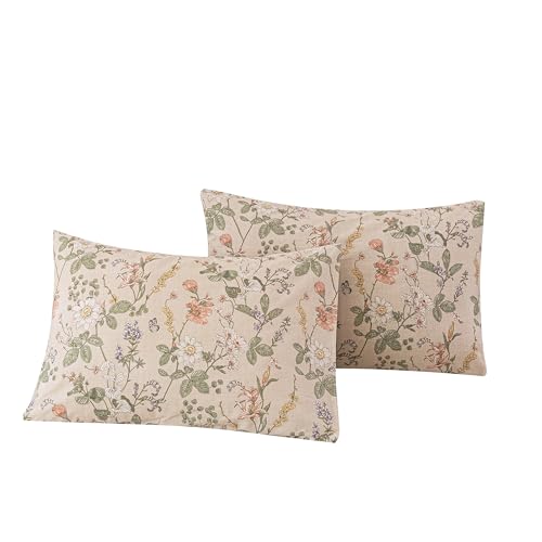 Image of ECOCOTT 2 Pack Floral Pillowcases Standard Size, 100% Washed Cotton Pillow Cases with Envelope Closure, Vintage Botanical Flower Printed Pillow Covers